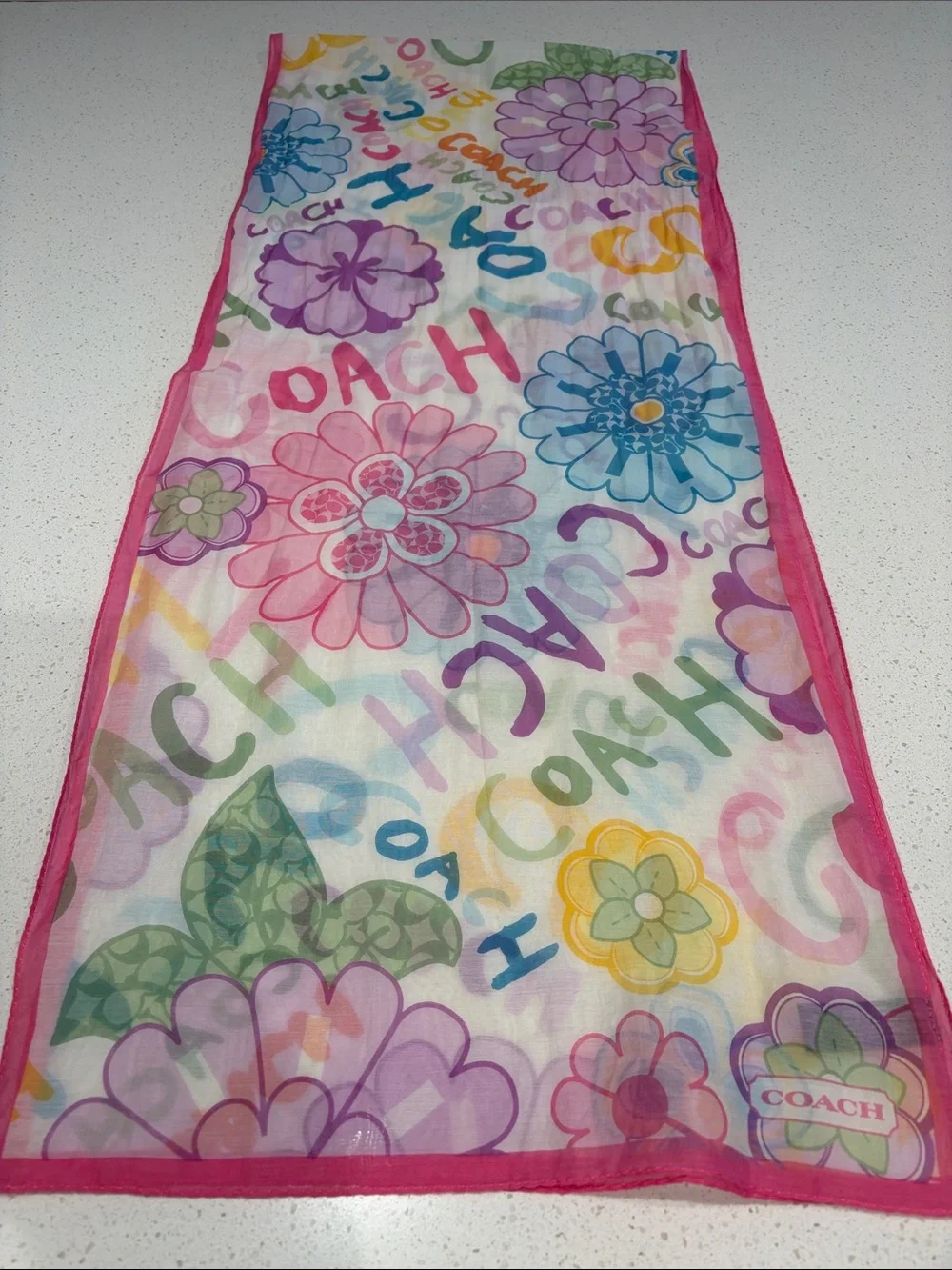 Coach Multicolor Floral Logo Sheer Scarf with Pink Trim